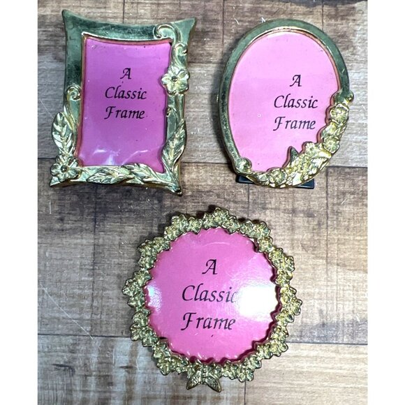 Set Of 3 Miniature Gold Ornate Tabletop Picture Frames Oval Round Rectangle - Picture 1 of 2